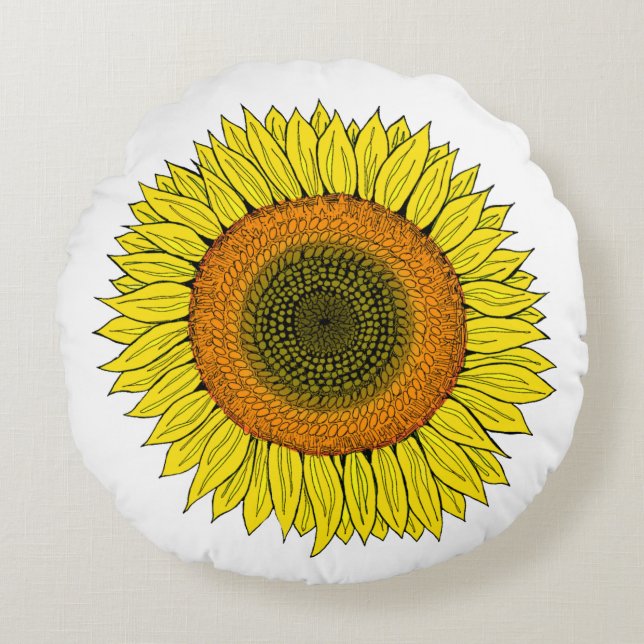 Coussin rond dessiné à la main soleil tournesol ét (Devant)