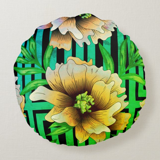Coussin rond d'impression florale jaune et vert (Dos)