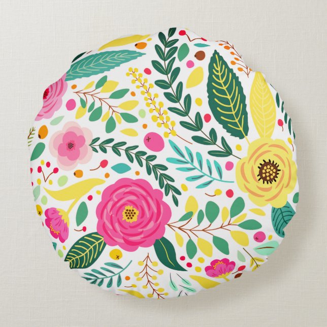Coussin rond d'impression jaune vert et rose (Dos)