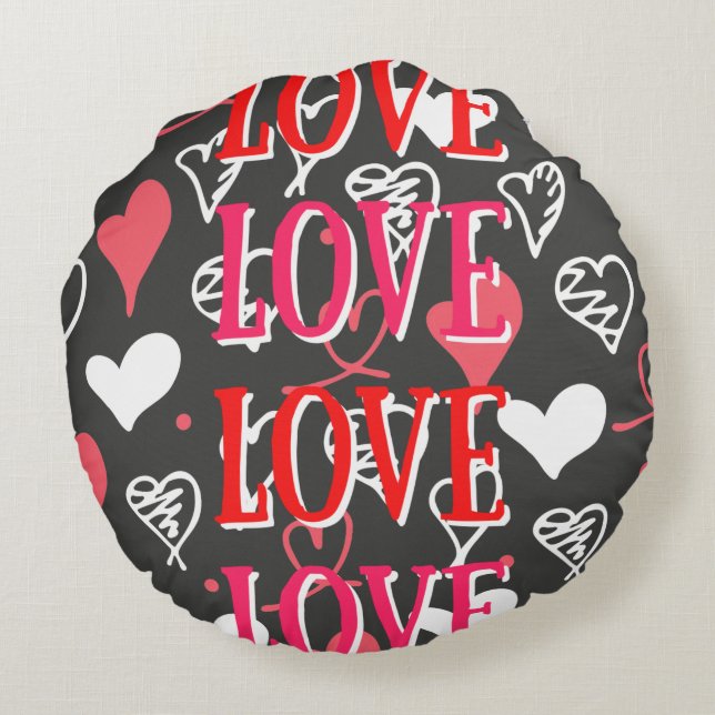 Coussin rond d'impression noir rouge et rose "Amou (Dos)