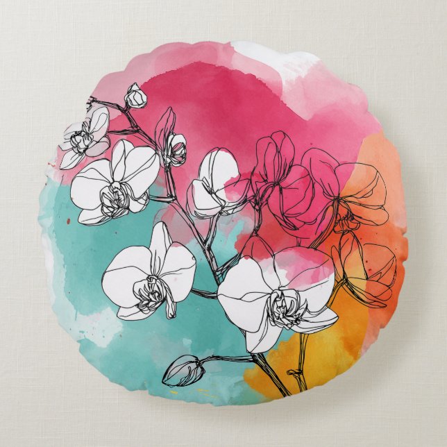 Coussin rond d'orchidée aquarelle (Devant)