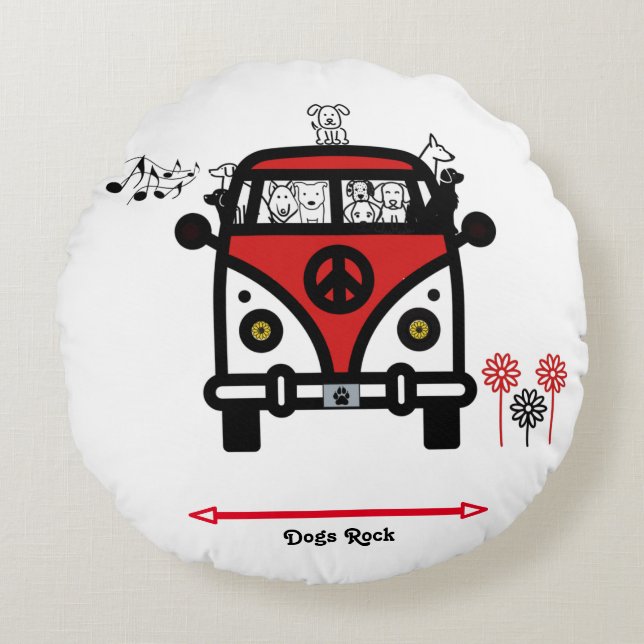 Coussin rond du bus hippie Dogs Rock (Devant)