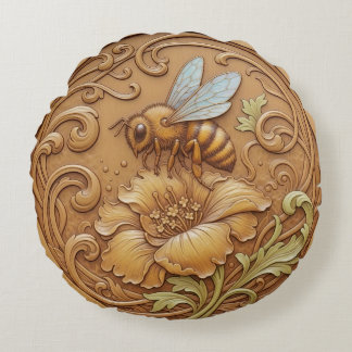 Coussin rond effet de sculpture sur bois - abeille