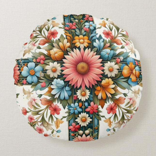 Coussin Rond en Art Populaire Floral - Bohème Colo (Devant)