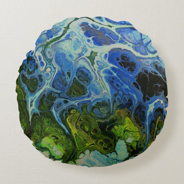 Coussin rond en marbre bleu olive et glace (Devant)