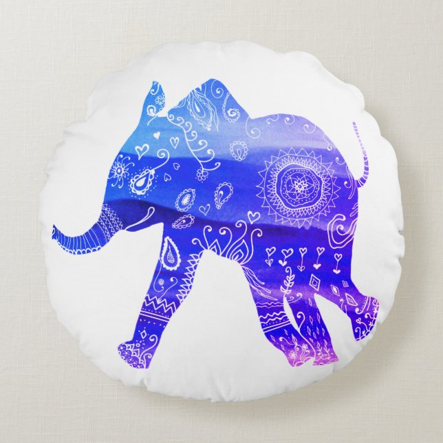 Coussin rond en polyester brossé Mandala Eléphant  (Devant)