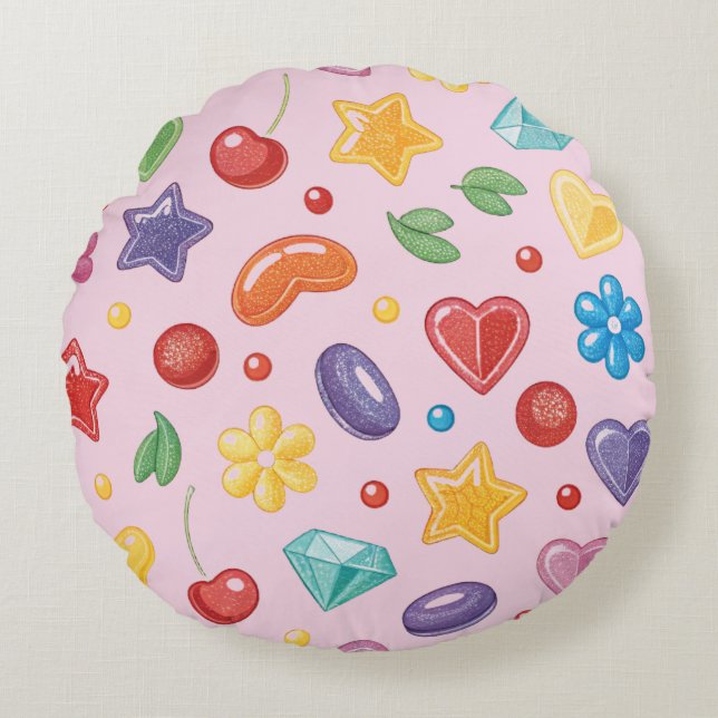 « Coussin rond étoile bonbons colorés » (Devant)