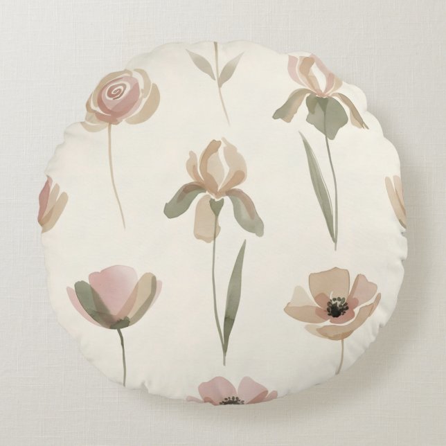 Coussin Rond Fleuris Aquarelle Douce (Devant)