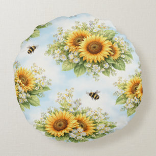 Coussin rond floral tournesol