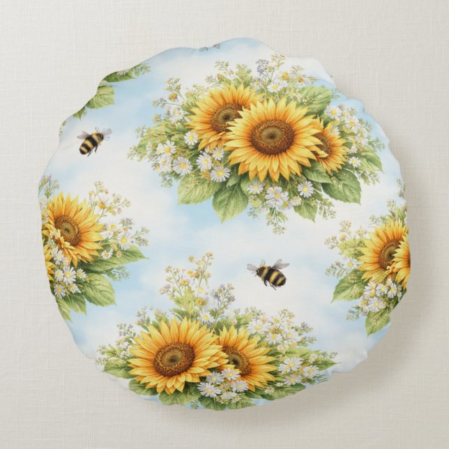 Coussin rond floral tournesol (Dos)