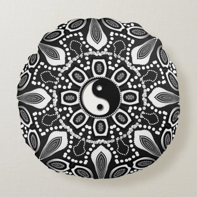 Coussin rond géométrique blanc noir tribal de Yin (Devant)