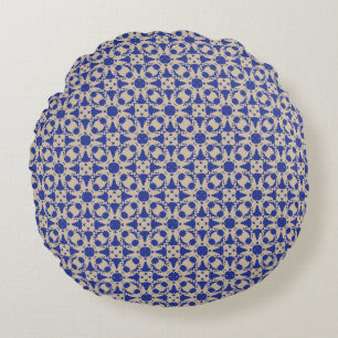 Coussin rond géométrique en fleurs bleues