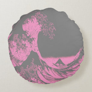 Coussin rond Grande vague rose et gris