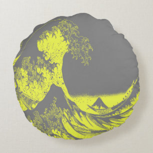 Coussin rond gris et jaune Grande vague