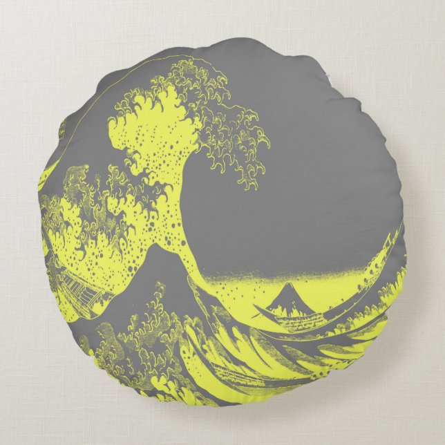 Coussin rond gris et jaune Grande vague (Dos)