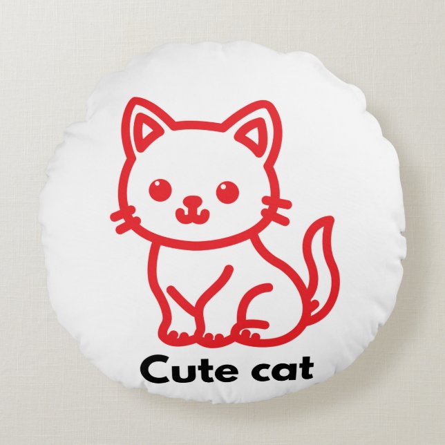Coussin rond jeté 16” avec chat mignon (Devant)
