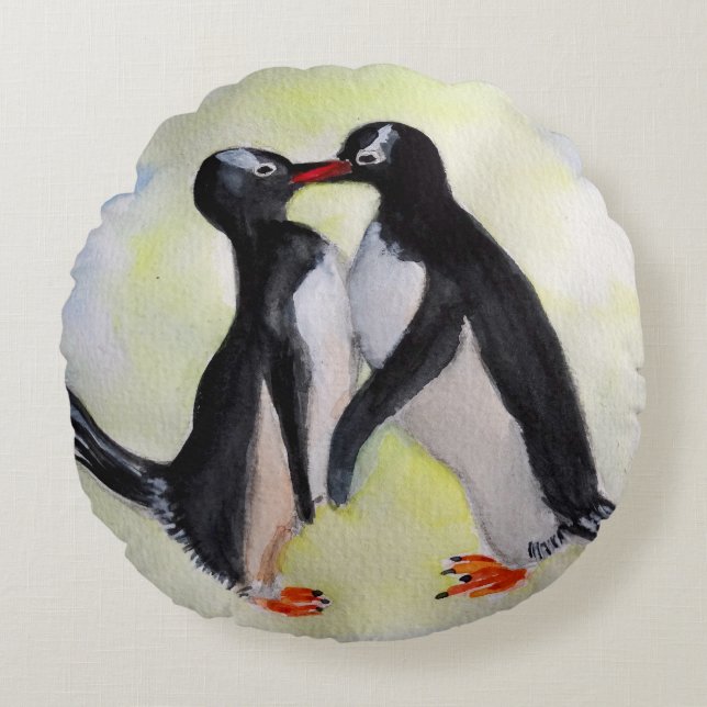 Coussin rond jeté en polyester brossé avec manchot (Devant)