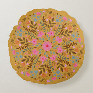 Coussin rond jeté mandala floral aquarelle