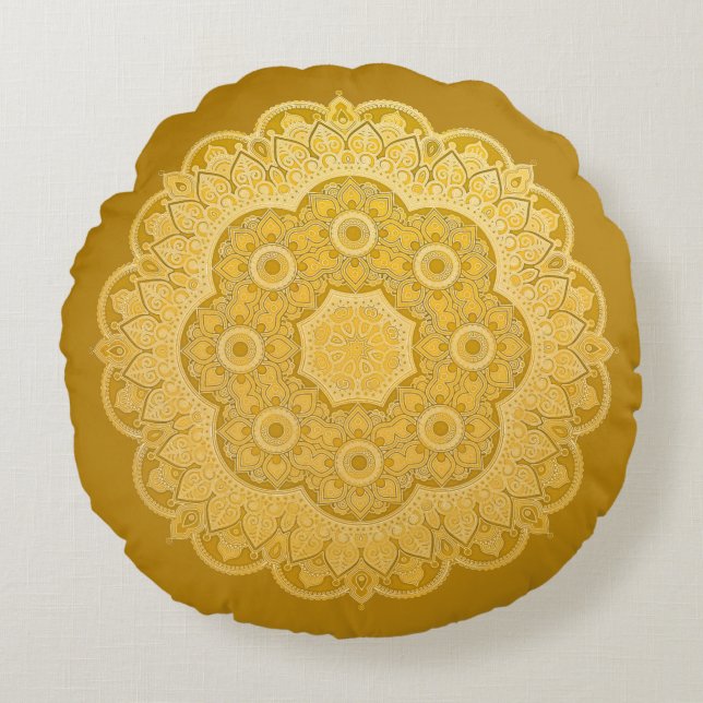 Coussin rond Mandala jaune or (Devant)