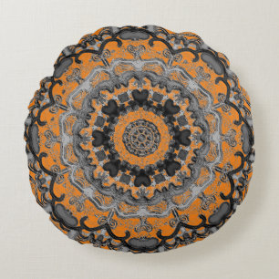 Coussin rond Mandala noir et orange