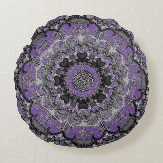 Coussin rond Mandala noir et violet (Devant)