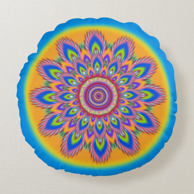 Coussin rond Mandala pyschedelic coton. (Devant)