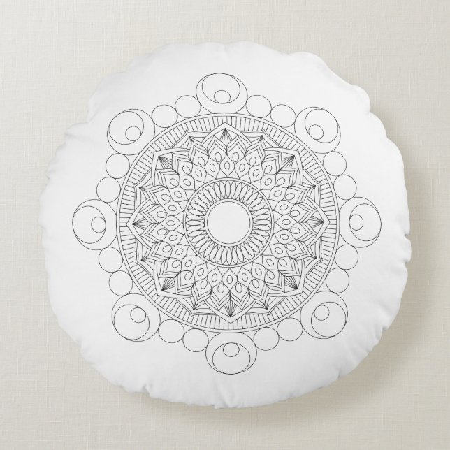 Coussin rond Mandala v2 noir et blanc (Devant)