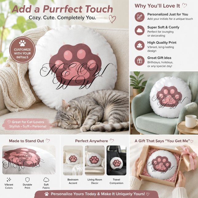 Coussin rond « Meow » empreinte de patte de chat | (Créateur téléchargé)