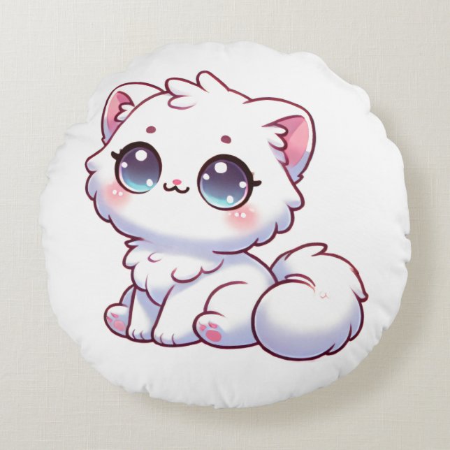 Coussin Rond Mignon Kawaii Pelucheux de Chat (Devant)