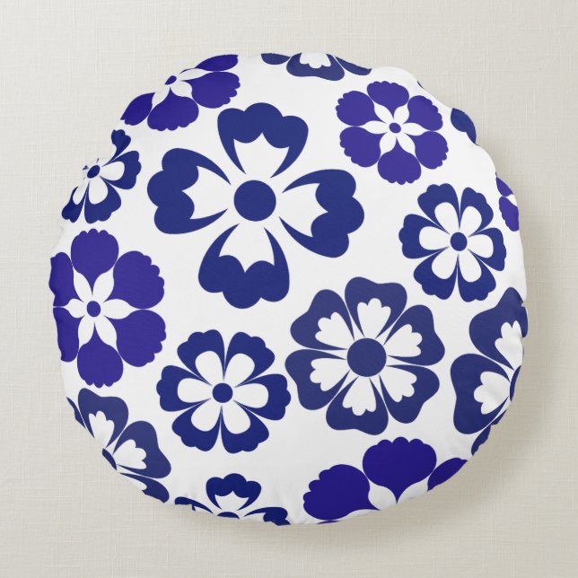 Coussin rond moderne Blue Blooms (Devant)