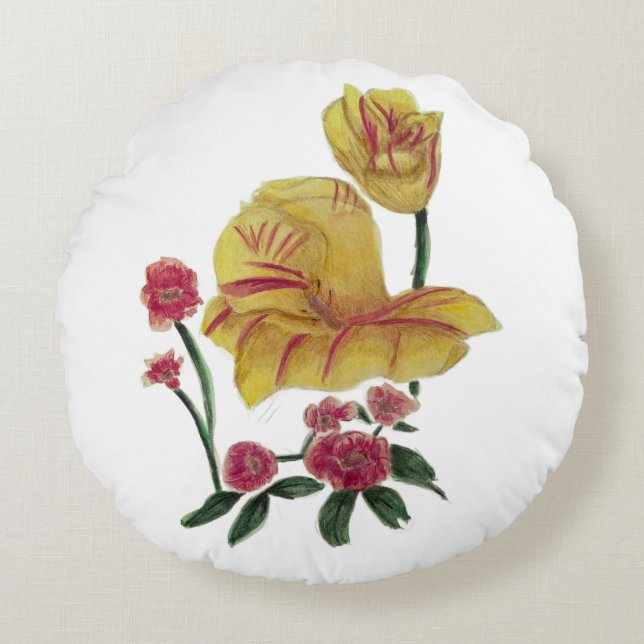 Coussin Rond Motif Floral Aquarelle (Devant)