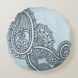 Coussin rond Motif Mehndi bleu
