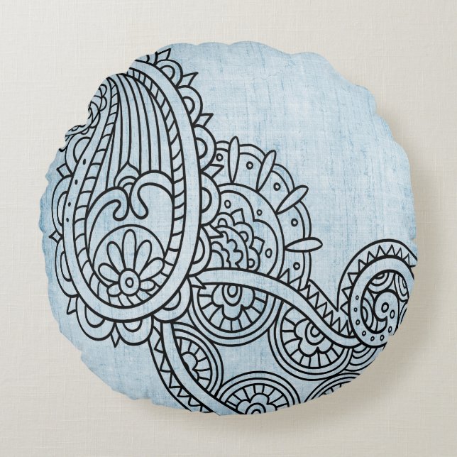 Coussin rond Motif Mehndi bleu (Devant)
