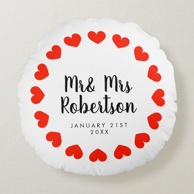 Coussin rond Mr et Mrs cadeau pour jeunes mariés (Devant)