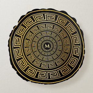 Coussin rond or grec clé personnalisée Monogramme