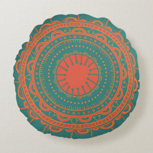 Coussin rond orange et turquoise de Bohème