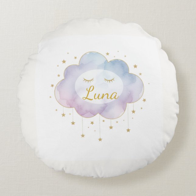 Coussin rond personnalisé au nom de bébé Nuage de  (Devant)