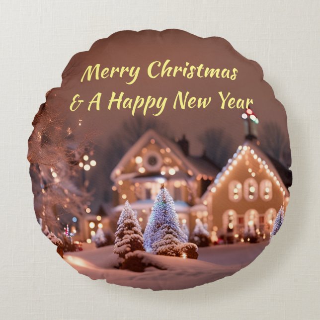 Coussin Rond Personnalisé Avec Scène De Noël Extér (Devant)