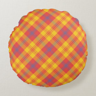 Coussin rond plaid rouge clair jaune bleu, coussin