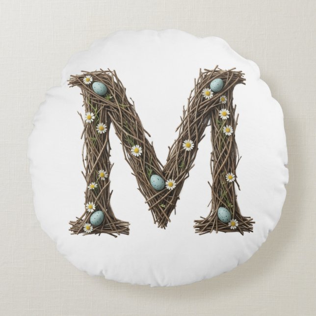 Coussin rond pour maman, lettre M florale rustique (Devant)