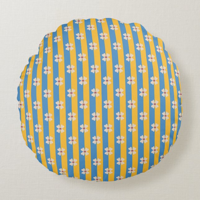 Coussin rond rayé jaune floral et aqua (Devant)