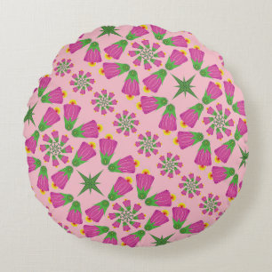 Coussin rond rétro Bell Flower Mandalas rose