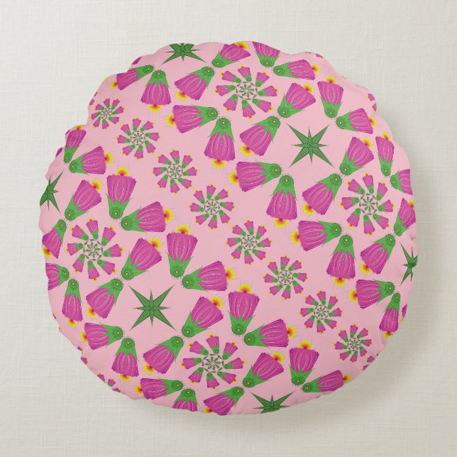 Coussin rond rétro Bell Flower Mandalas rose (Devant)