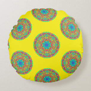 Coussin rond réversible Mandala Boho bleu jaune