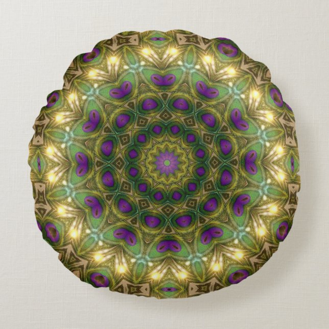 Coussin rond rêves bohèmes violet vert (Devant)