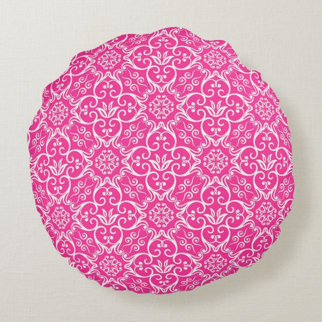 Coussin rond rose et blanc damassé (Dos)