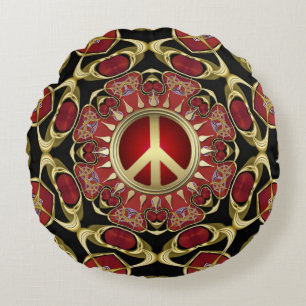 Coussin rond rouge cœurs or paix puissance amour