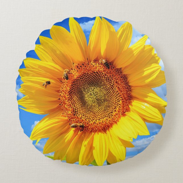 Coussin rond tournesol et abeilles (Devant)