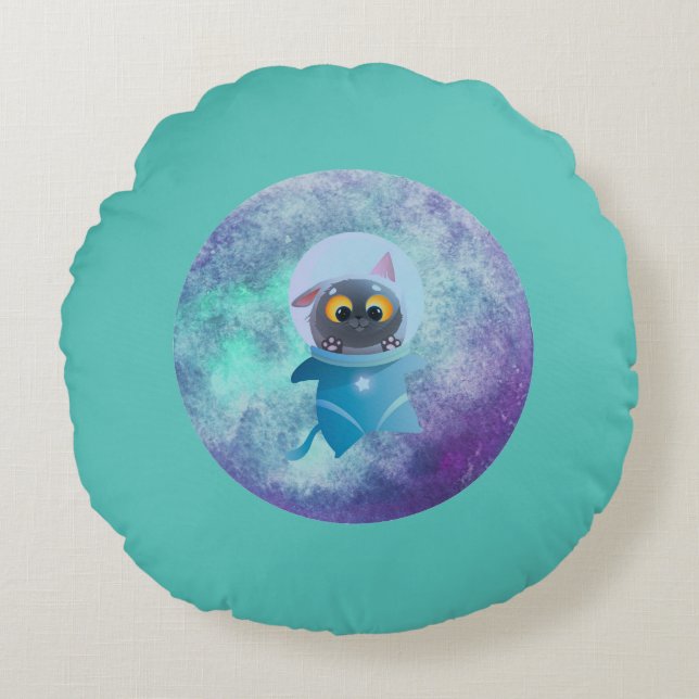 Coussin rond Turquoise Space Cat (Devant)