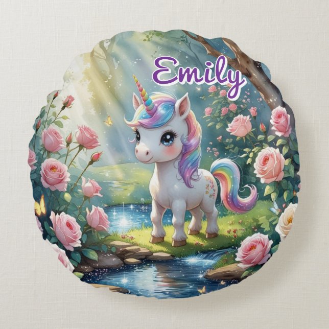 Coussin rond Unicorn personnalisé - Forêt Rose (Devant)